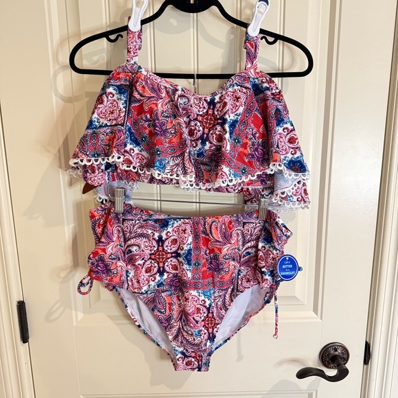 Swimsuits For All Bikini Red and Blue Floral Cold Shoulder Women's Size 20 - Picture 2 of 13